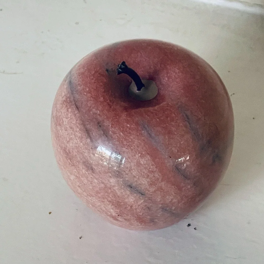 Marble Alabaster Stone Apple Pink With Blue Streaks Brown Stem Paperweight